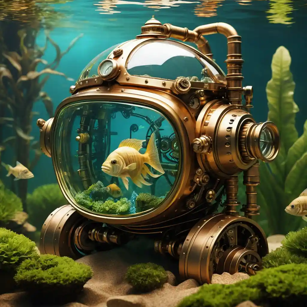 Steampunk robot with aquarium helmet and goldfish inside