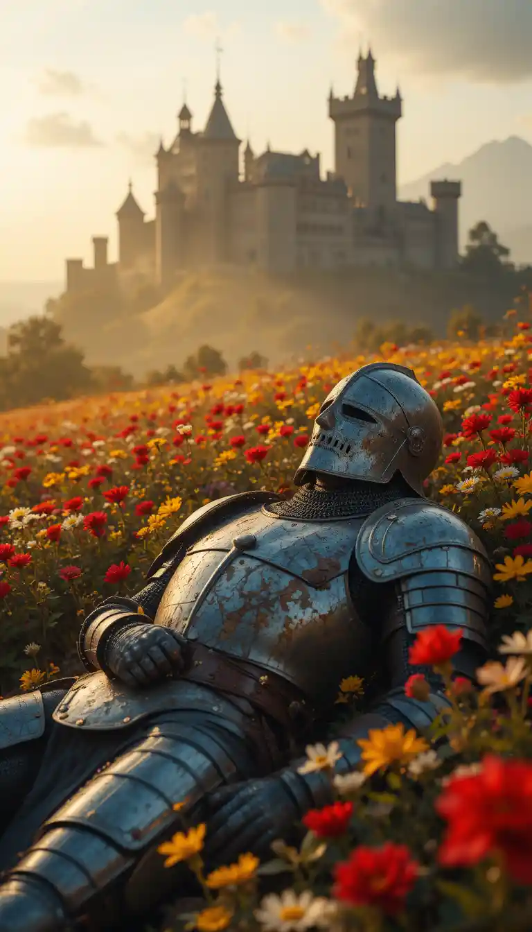 Medieval Knight Resting In A Sunlit Flower Field