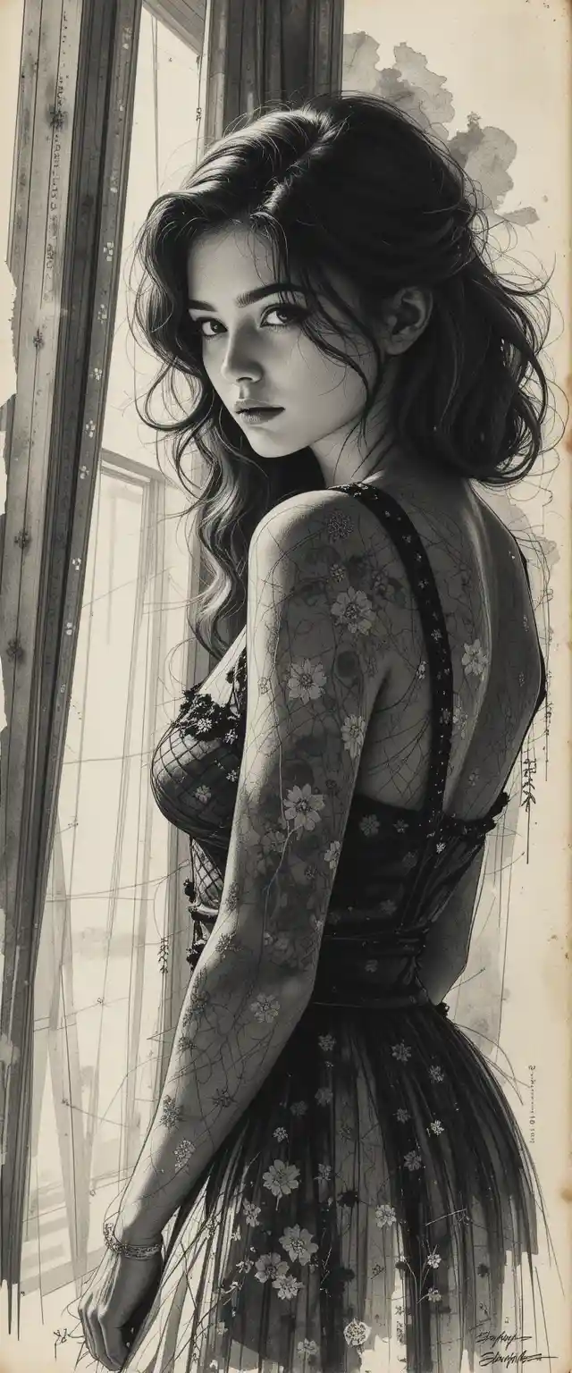 Vintage ink portrait of a girl at a sunlit curtain