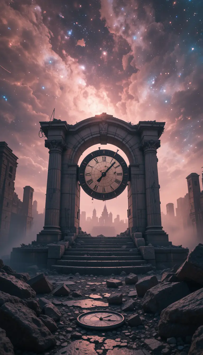 Ancient stone ruins with cosmic dust and nebula sky