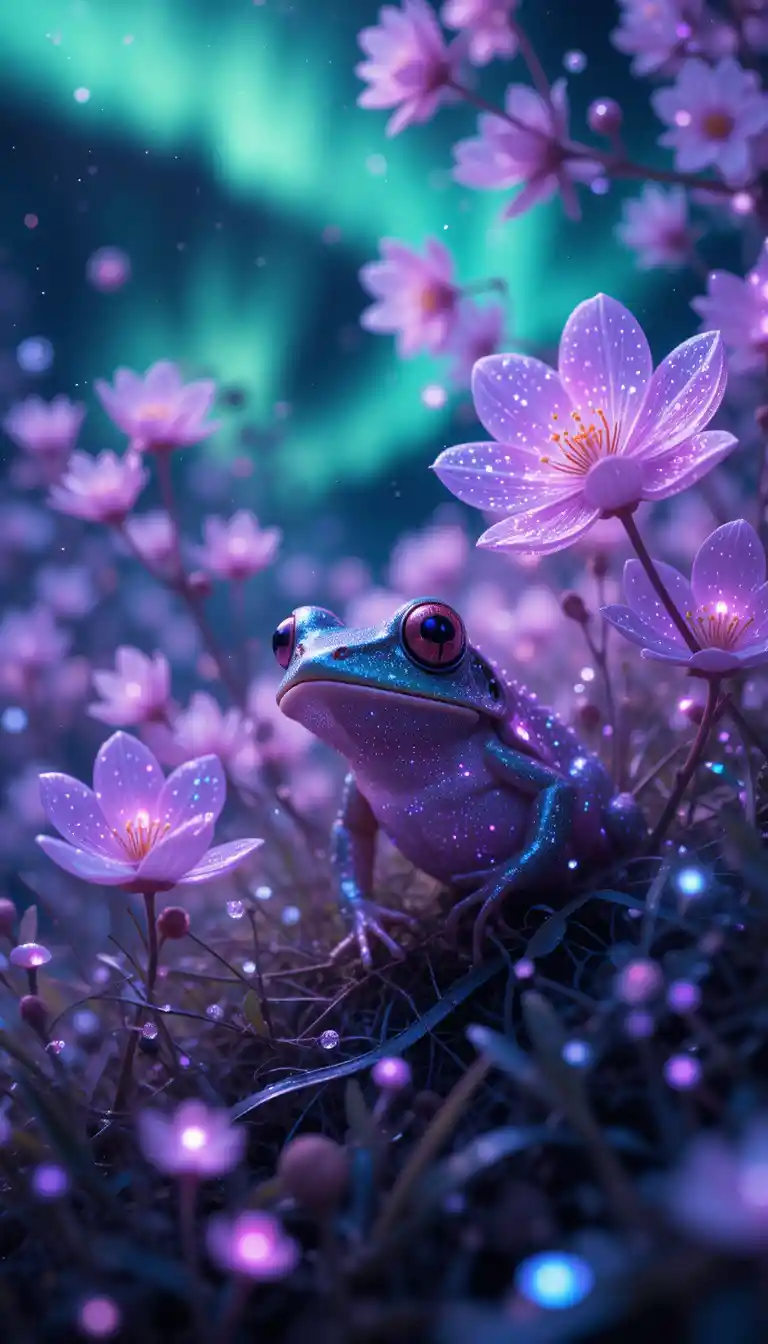 Winziger Frosch zwischen Neon-Kirschblüten unter sternenklarem Himmel
