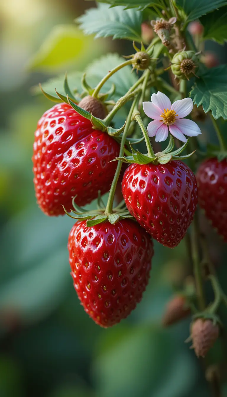 Red strawberries with flowers in a soft garden close up