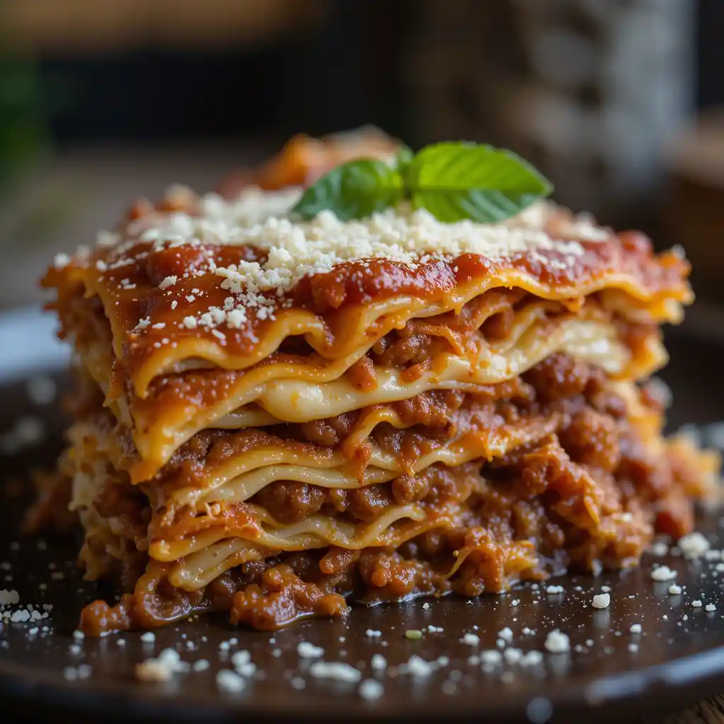 Close up slice of rustic lasagna with rich meat sauce