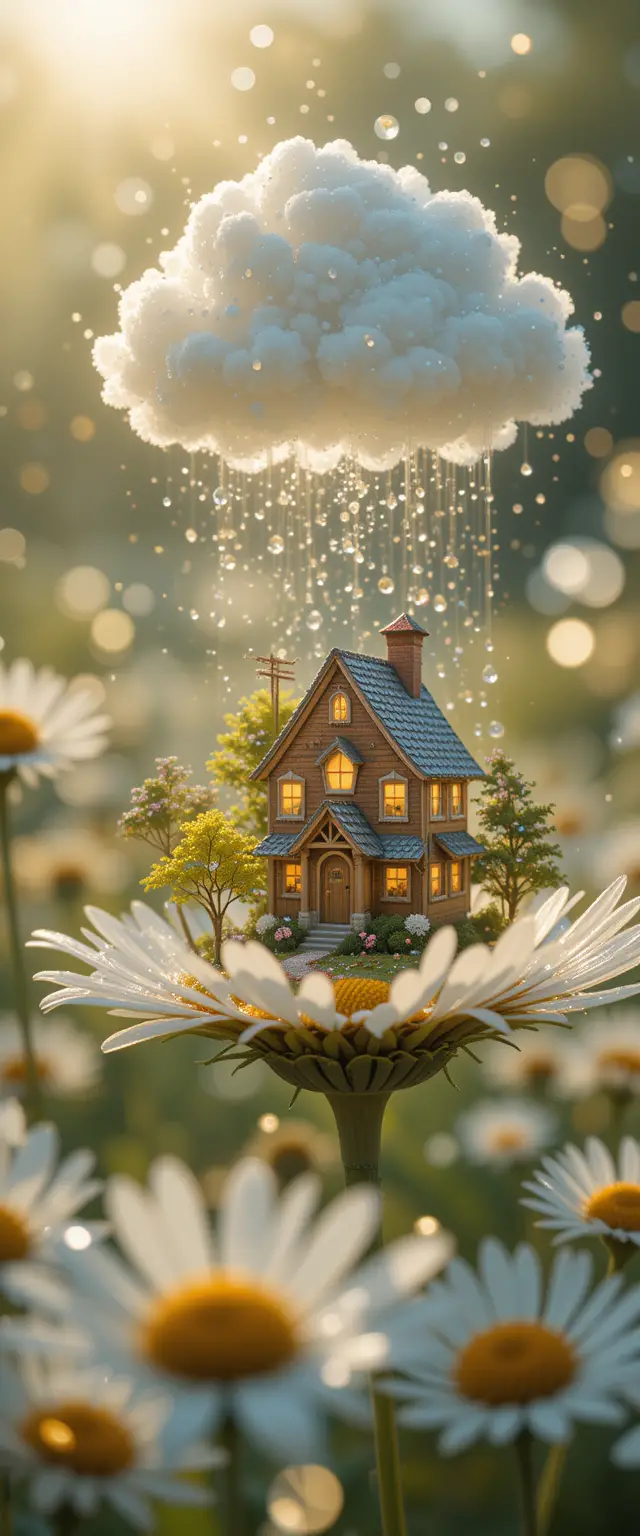 Surreal close up of daisy with tiny fairy farm world