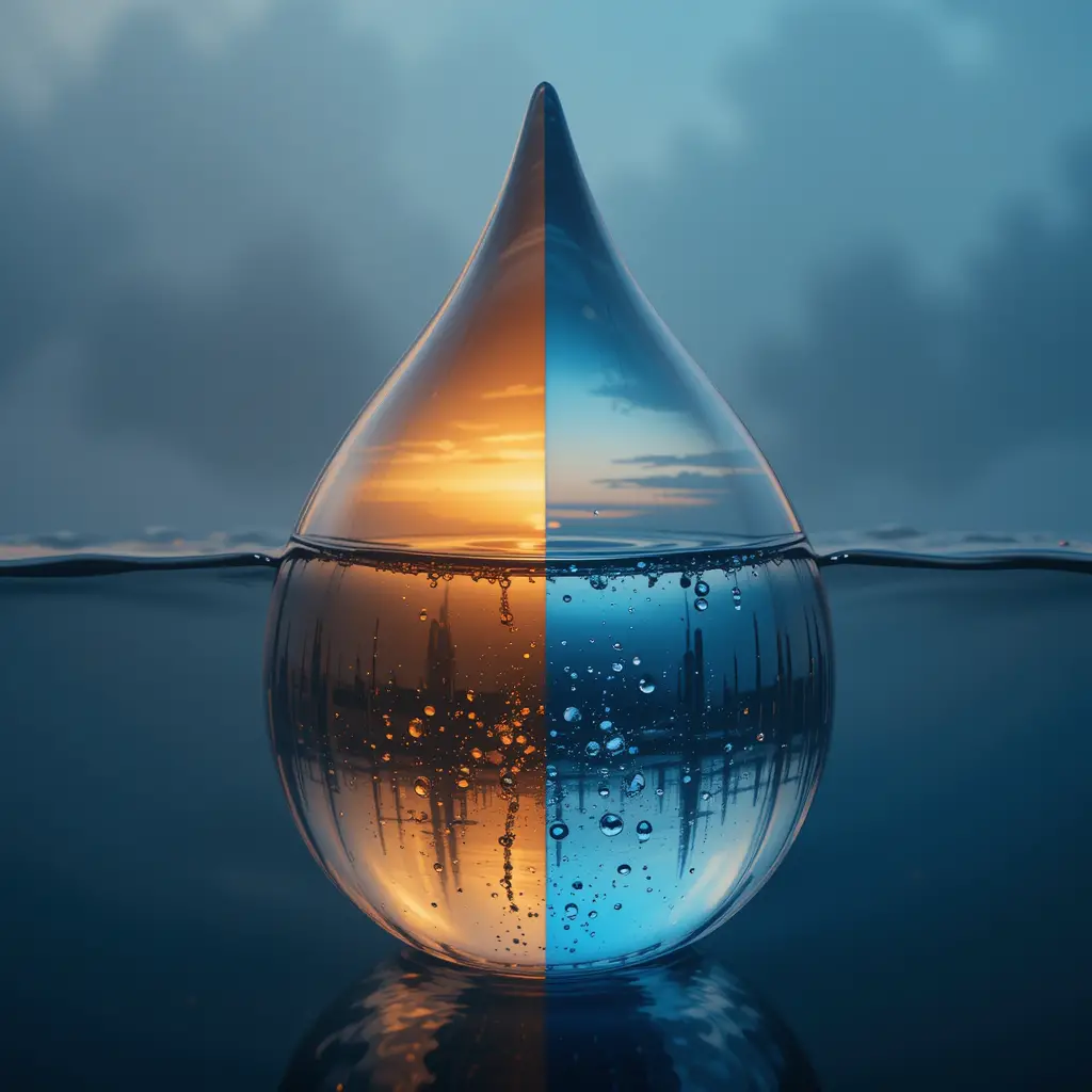 Two toned water droplet glowing in warm and cool light