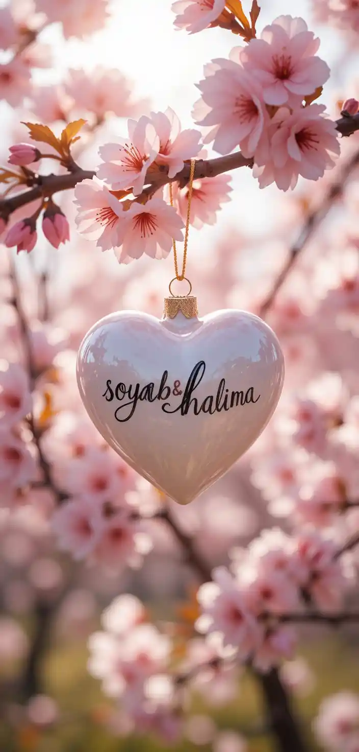Heart ornament hanging on blooming cherry blossom branch