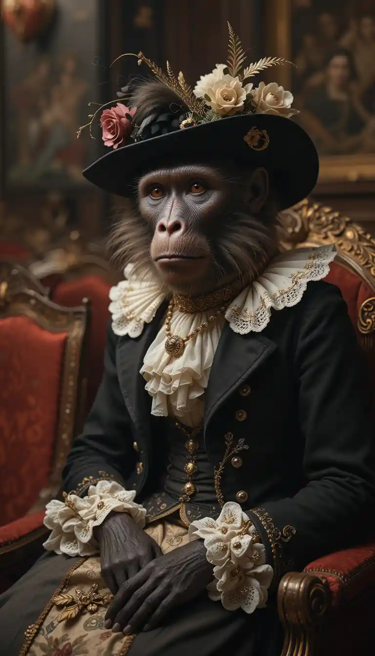 Babouin anthropomorphe en tenue victorienne dans une loge de théâtre