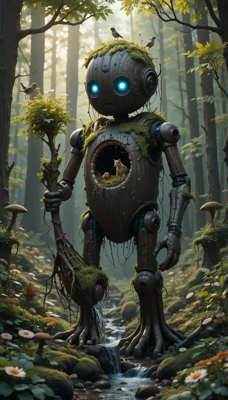 Wooden forest robot caring for wildlife in nature