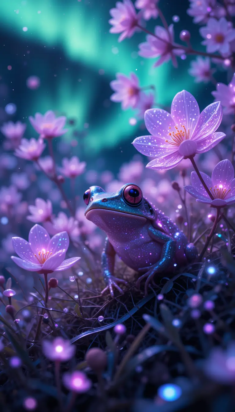 Tiny frog among neon cherry blossoms under starry sky
