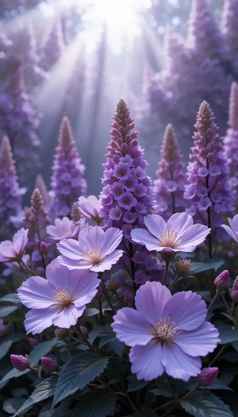 Close up violet plum blossoms with dreamy soft light