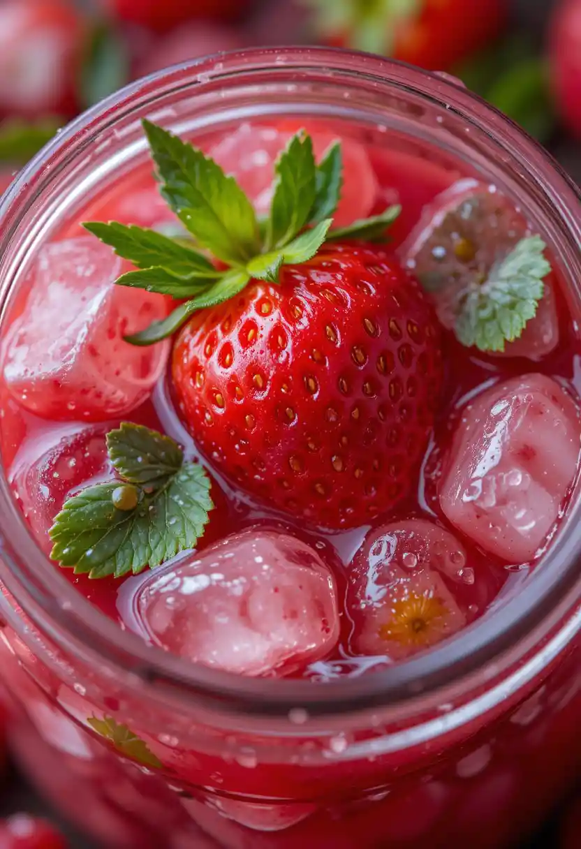Close up of strawberry jam with fresh fruits and ice
