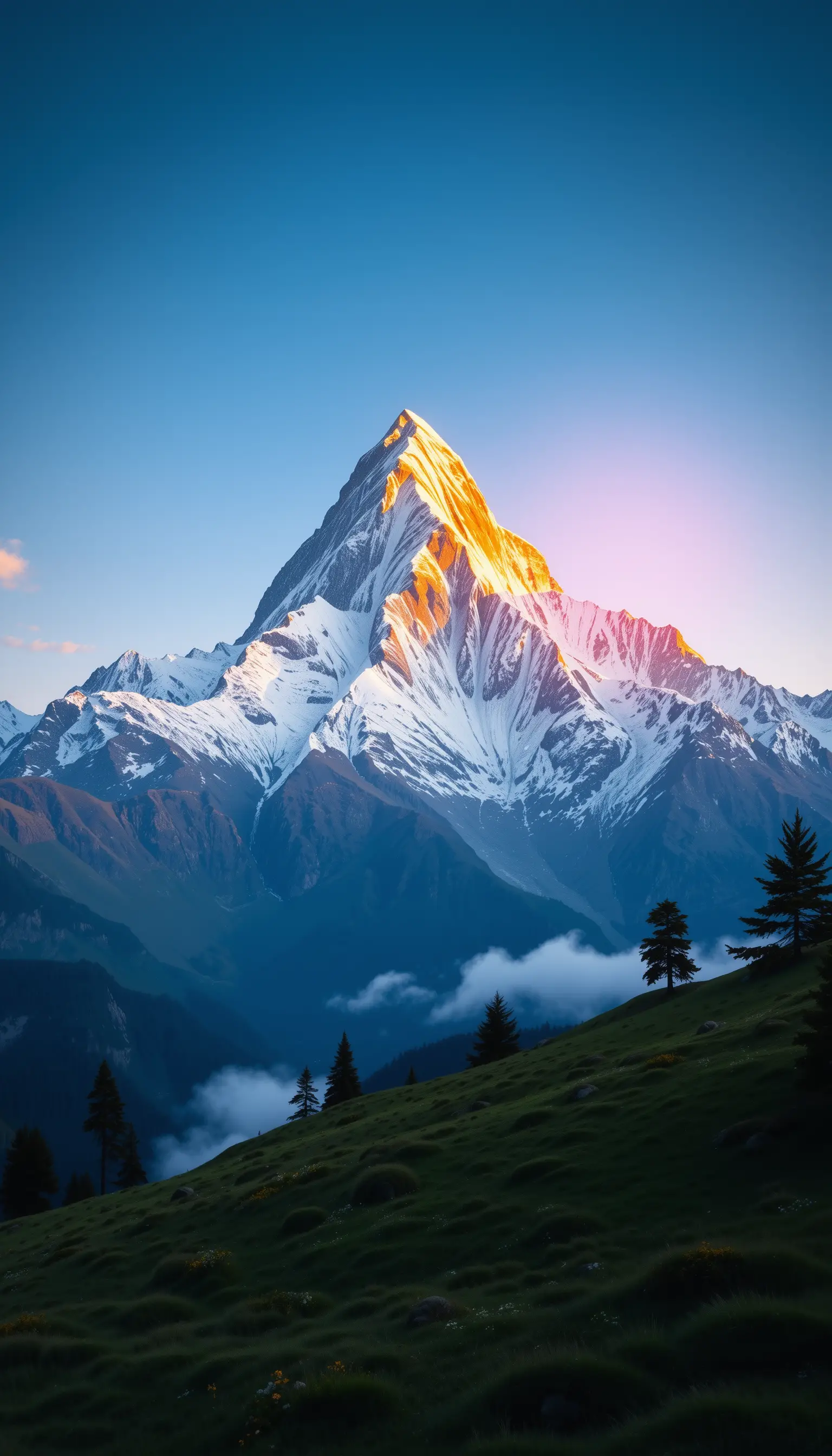 Sunrise light on snow capped mountain above green valley