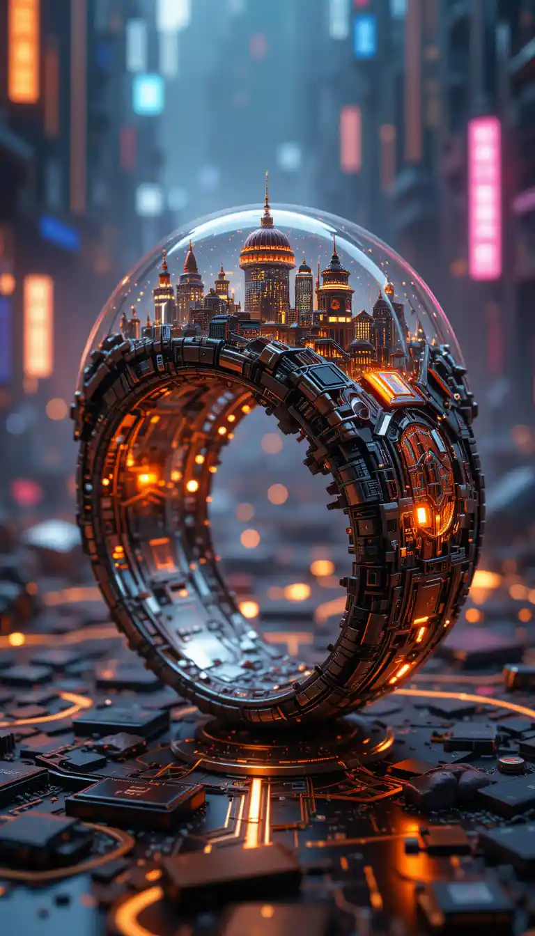 Anello di resina sci‑fi intricato con città luminosa all'interno