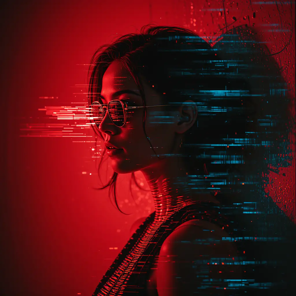 Woman with red eye and sunglasses against red glitch wall
