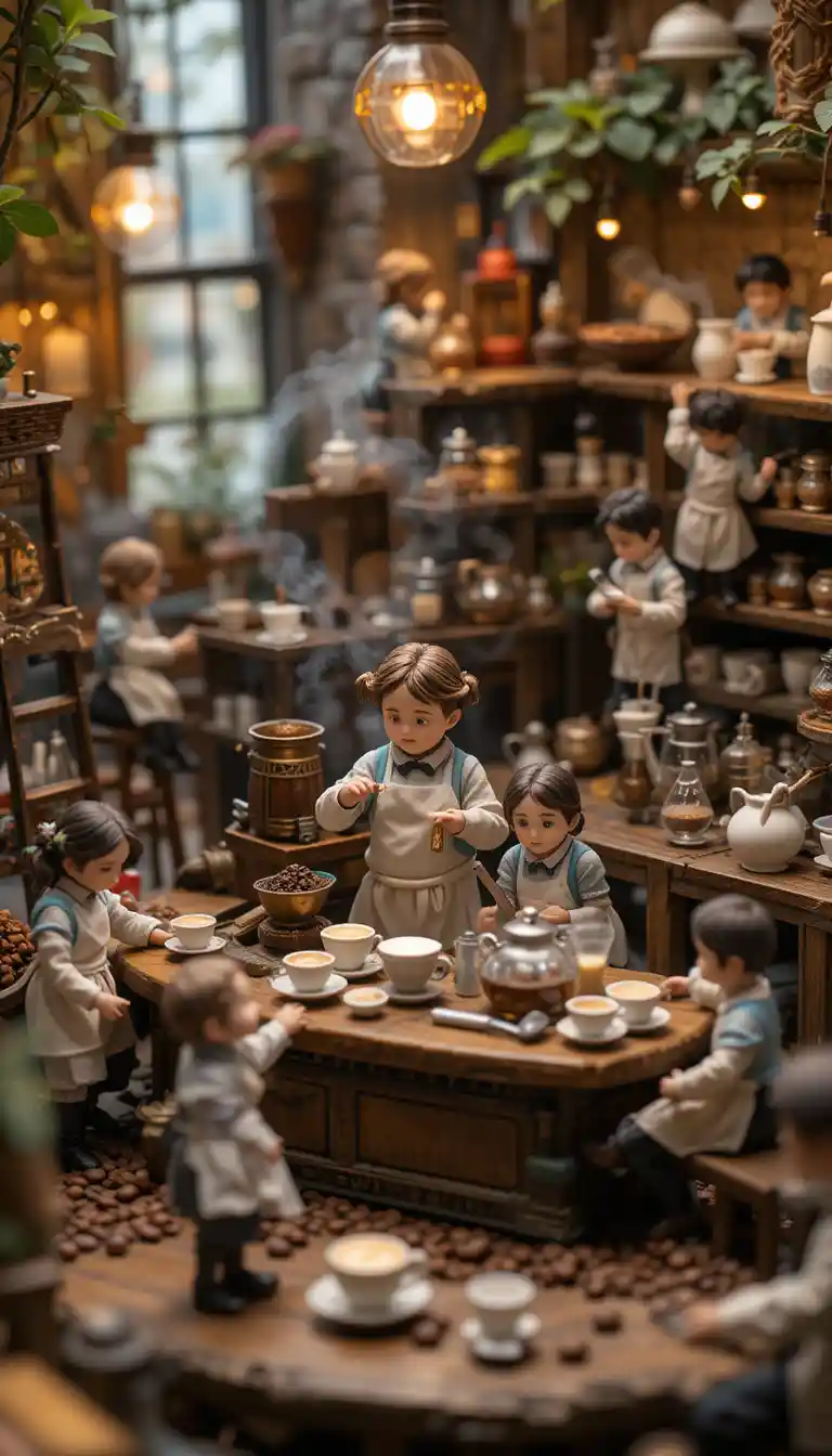 Tiny baristas carefully crafting coffee in a cozy cafe