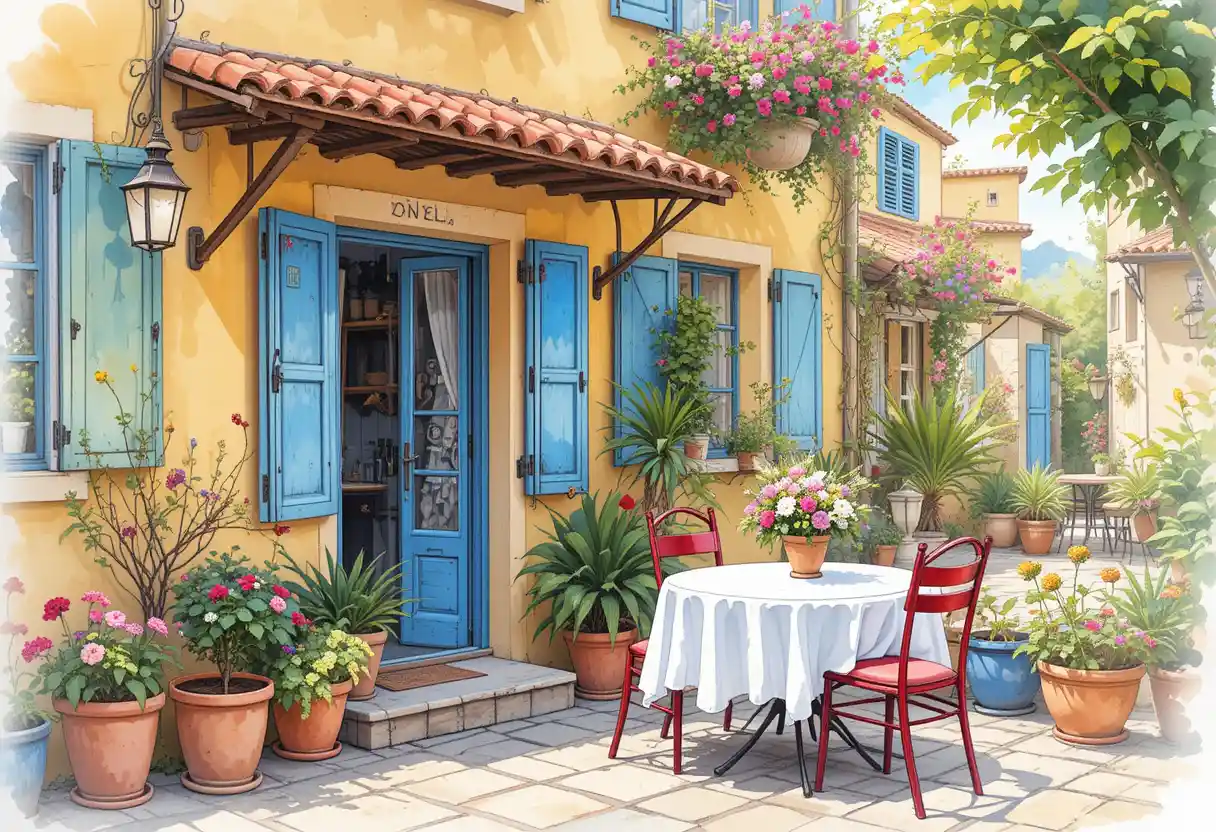 Sunlit watercolor Mediterranean street cafe with flowers