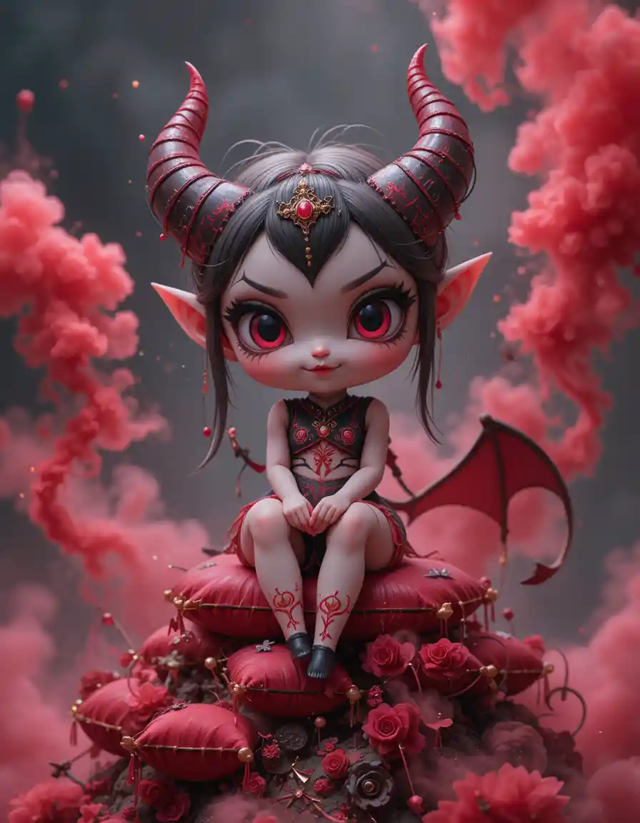 Cute demon girl sitting on a red cushion mountain