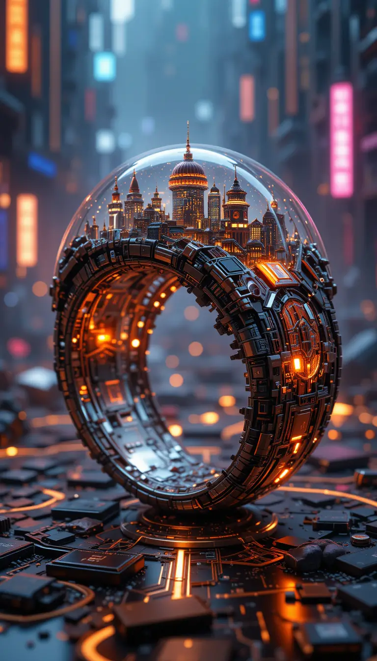 Intricate sci fi resin ring with glowing city inside