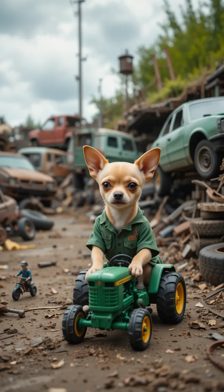 Chihuahua puppy playing with toy tractor in junkyard