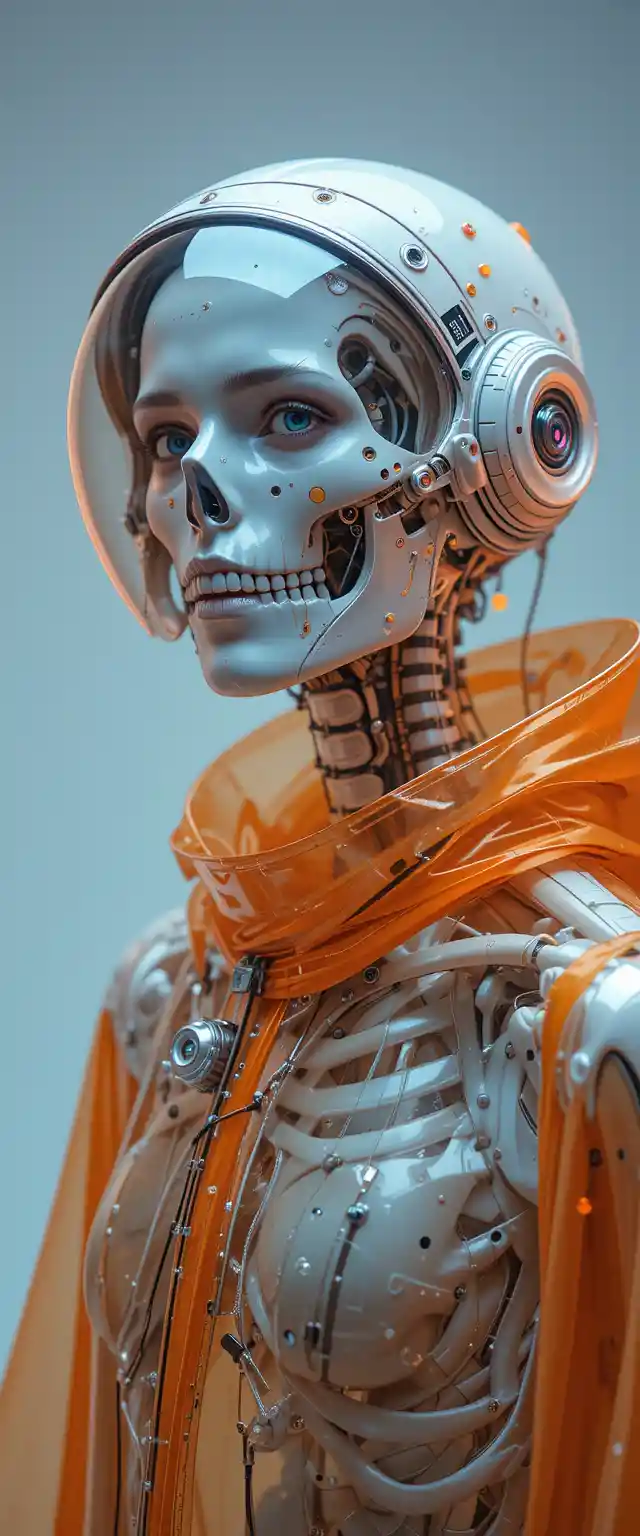 Cyborg skeleton astronaut portrait in white studio