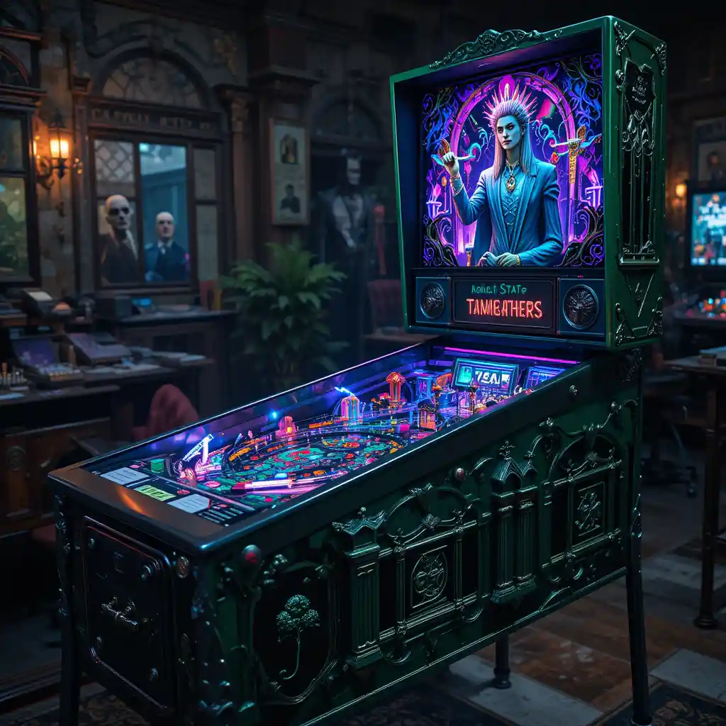 Dark cemetery themed pinball machine with green metallic cabinet