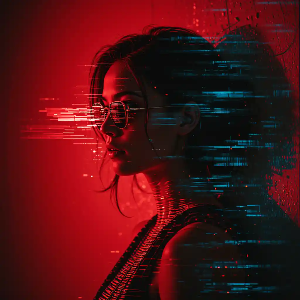 Femme à l’œil rouge et aux lunettes de soleil devant un mur rouge en glitch