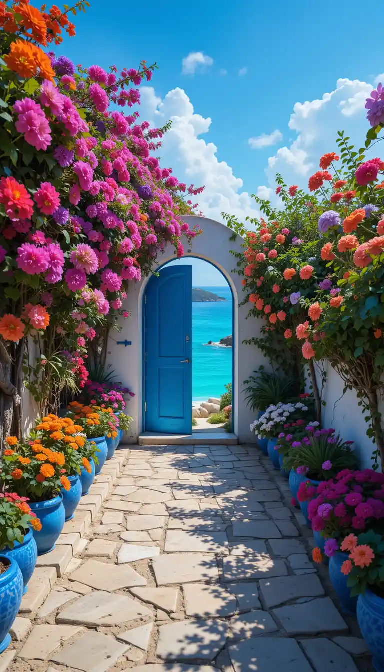 Cobblestone path to a blue wooden door by the sea