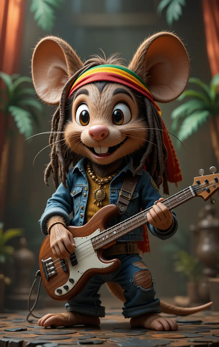 Cartoon mouse bassist on neon reggae concert stage