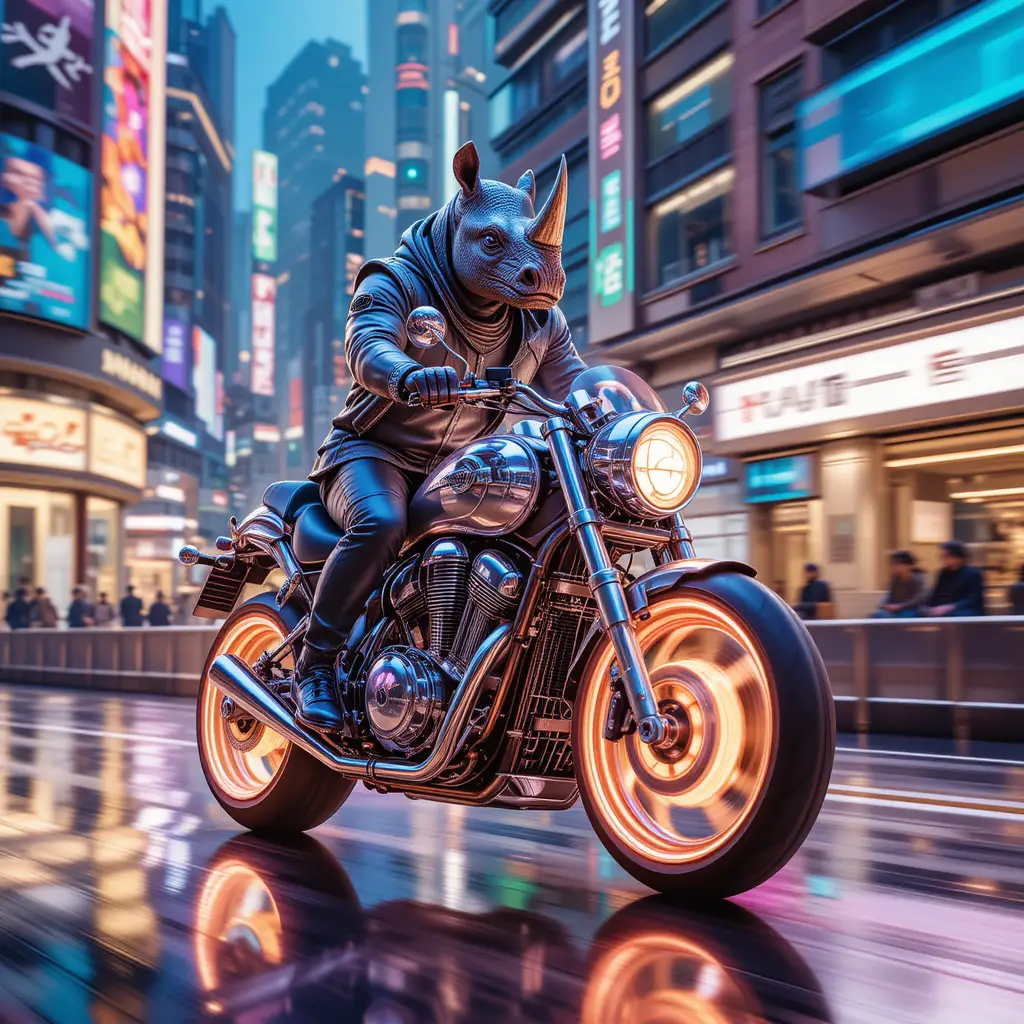 Rinoceronte Antropomórfico en Moto en Ciudad Neón