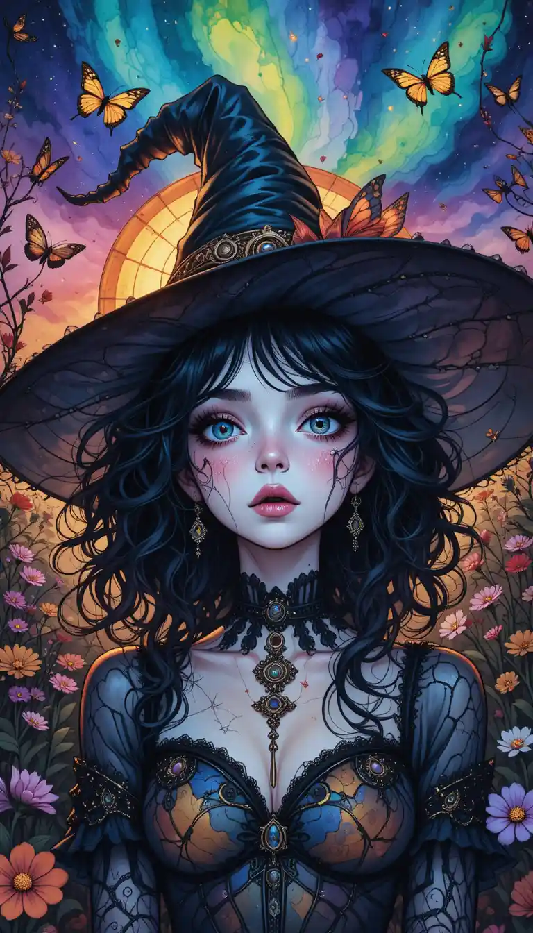 Joyful anime witch girl in watercolor garden scene