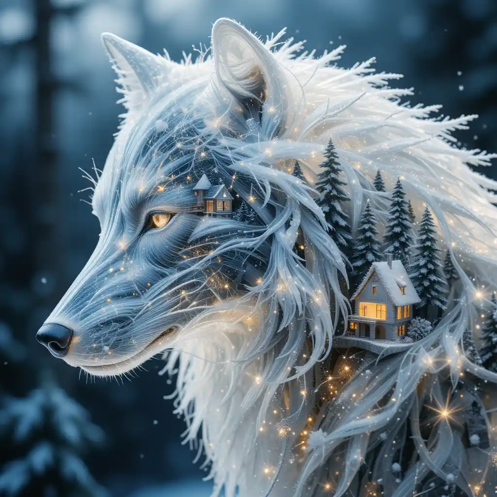 Surreal Transparent Wolf With Tiny Winter Forest Inside