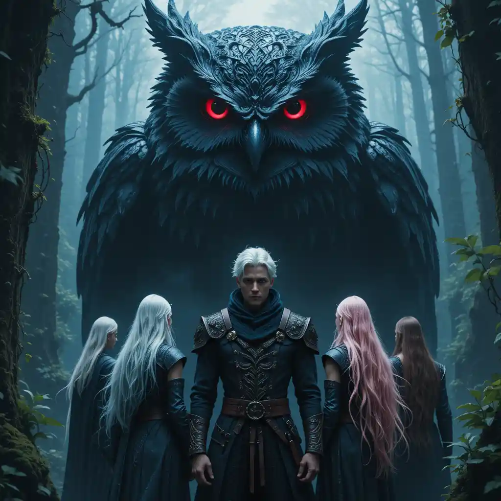 Dark owl looming over five heroes in misty forest