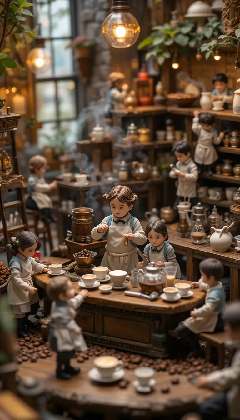 Tiny baristas carefully crafting coffee in a cozy cafe