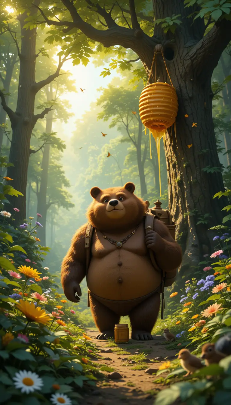Anthropomorphic bear walking with honey jar in forest