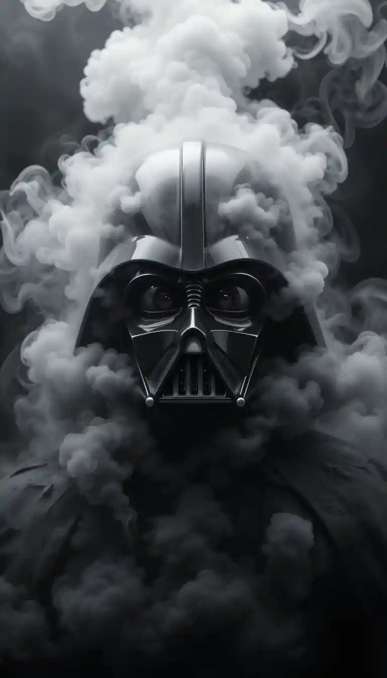 Dark armored helmet portrait emerging from swirling smoke