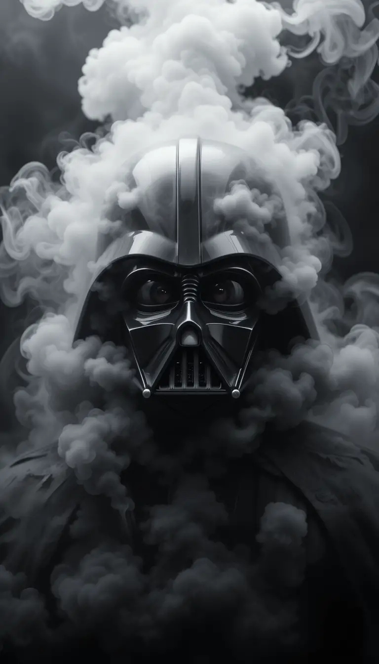 Dark armored helmet portrait emerging from swirling smoke