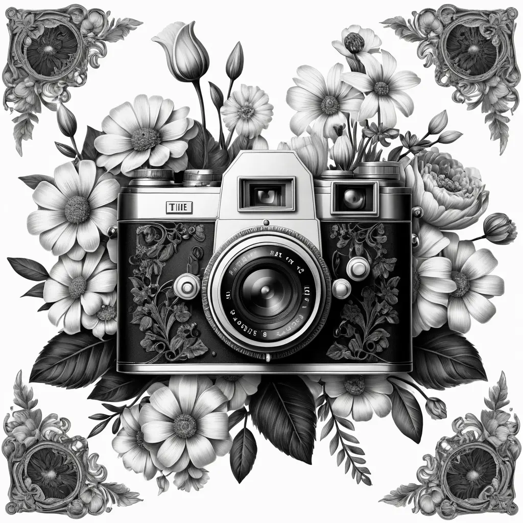 Vintage camera with ornate floral illustration in black and white