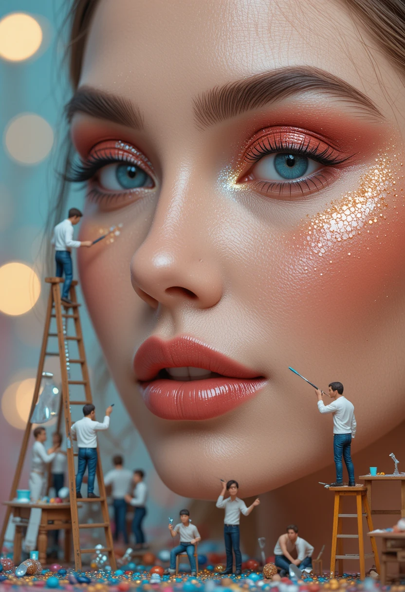 Retrato de mulher gigante com pequenos artistas pintando seu rosto