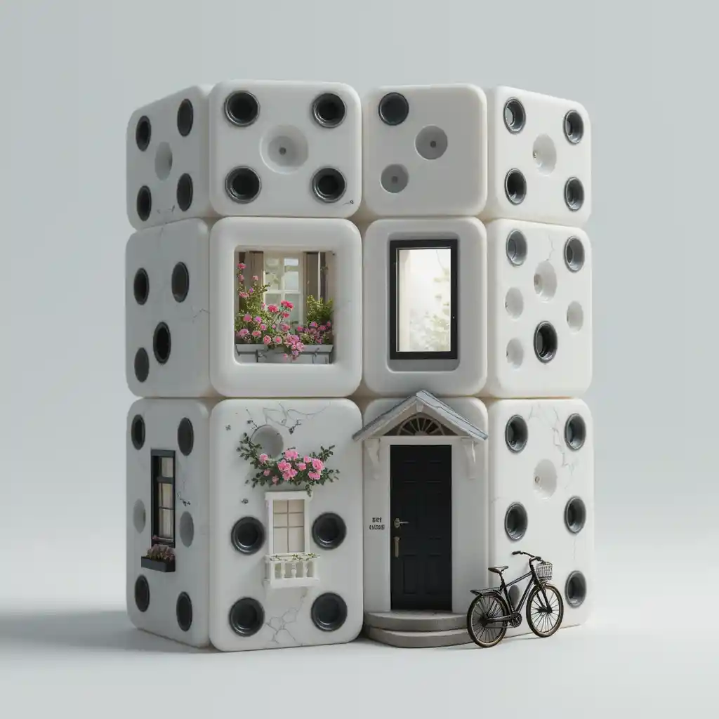 Miniature dice apartment with glowing window and bike