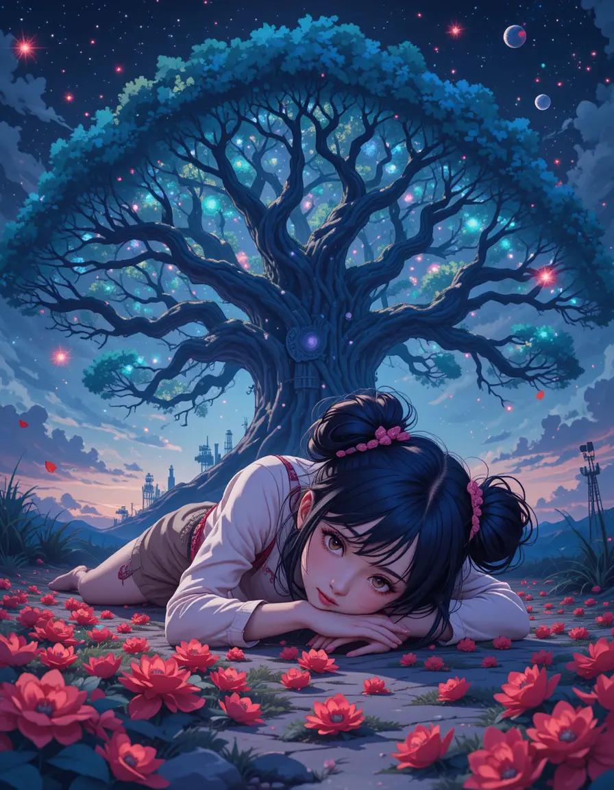 Anime steampunk girl resting under glowing fantasy tree