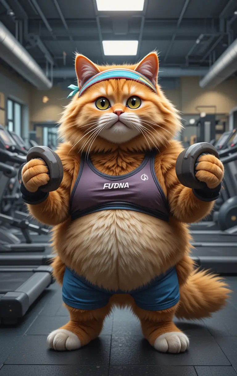 Orange gym cat lifting dumbbells in digital painting