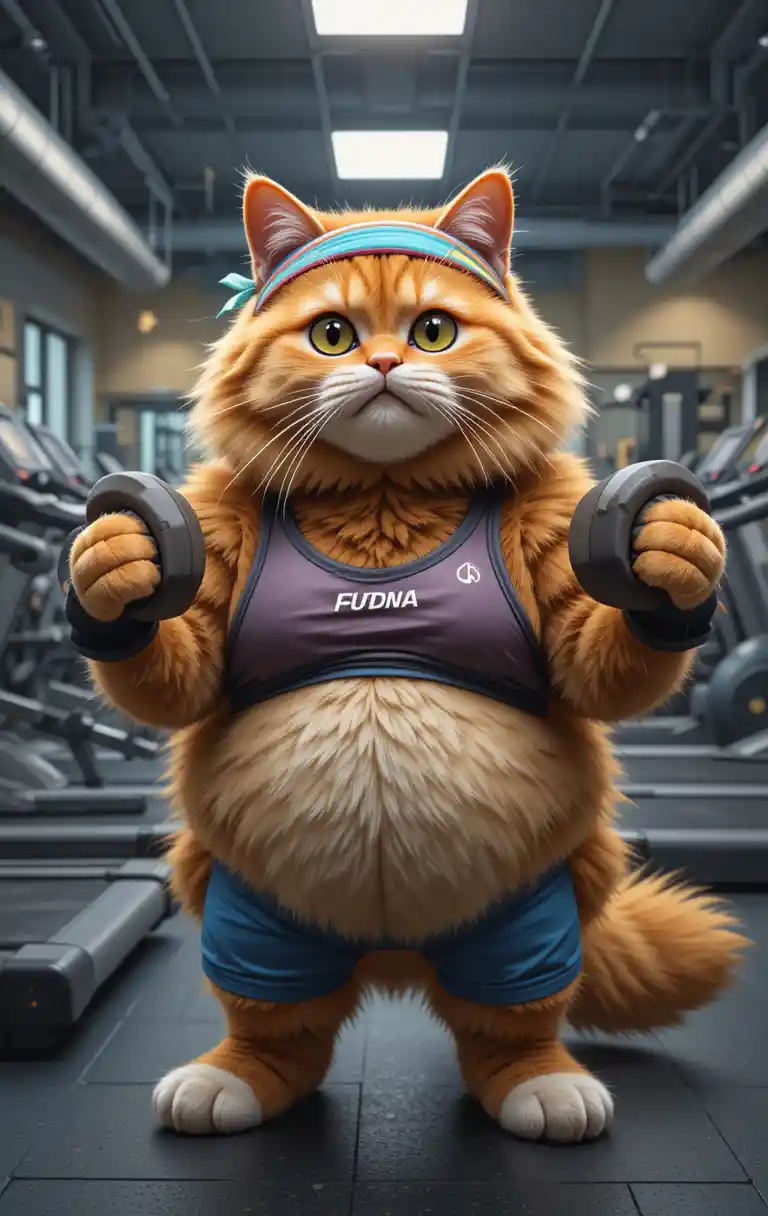 Orange gym cat lifting dumbbells in digital painting