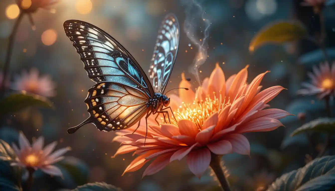 Ethereal butterfly on glowing magical flower in forest