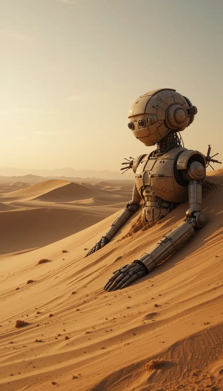 Giant stone robot half buried in desert at sunset
