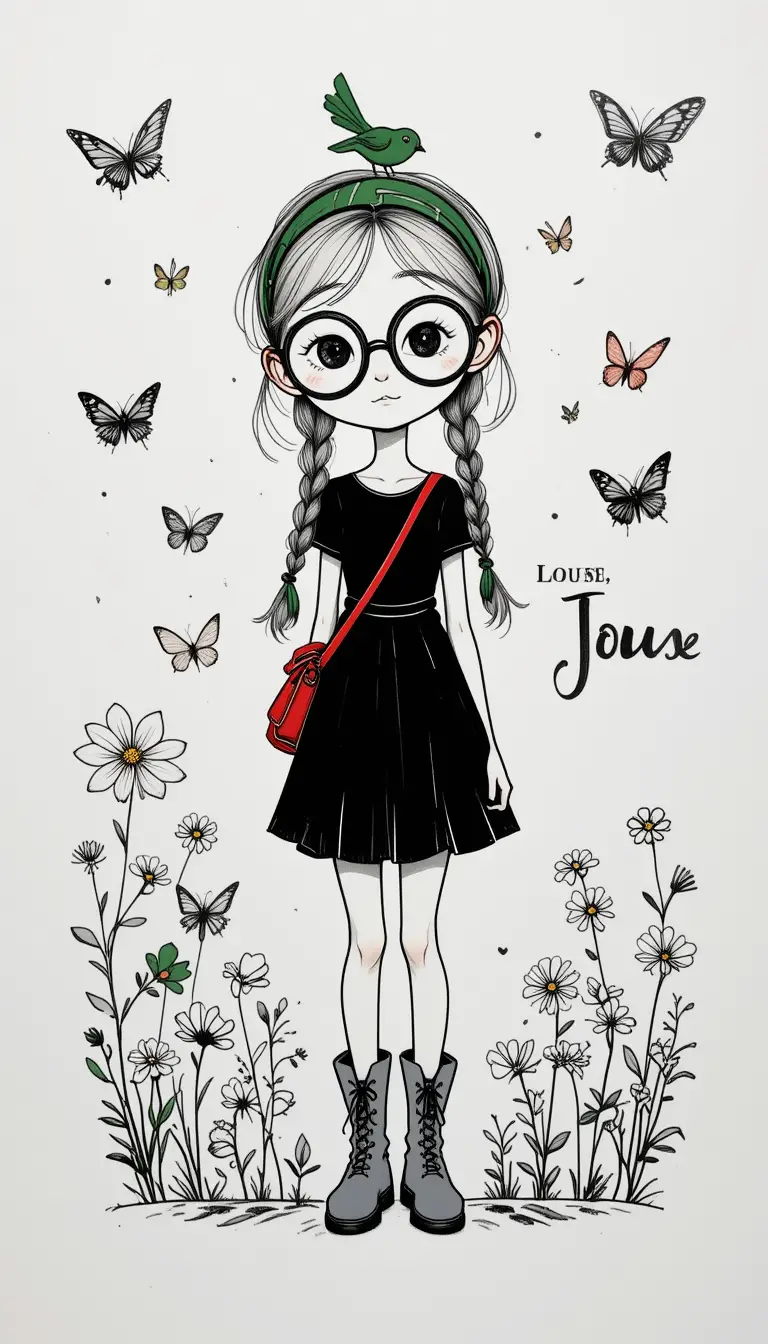 Whimsical doodle girl with braids and tiny bird