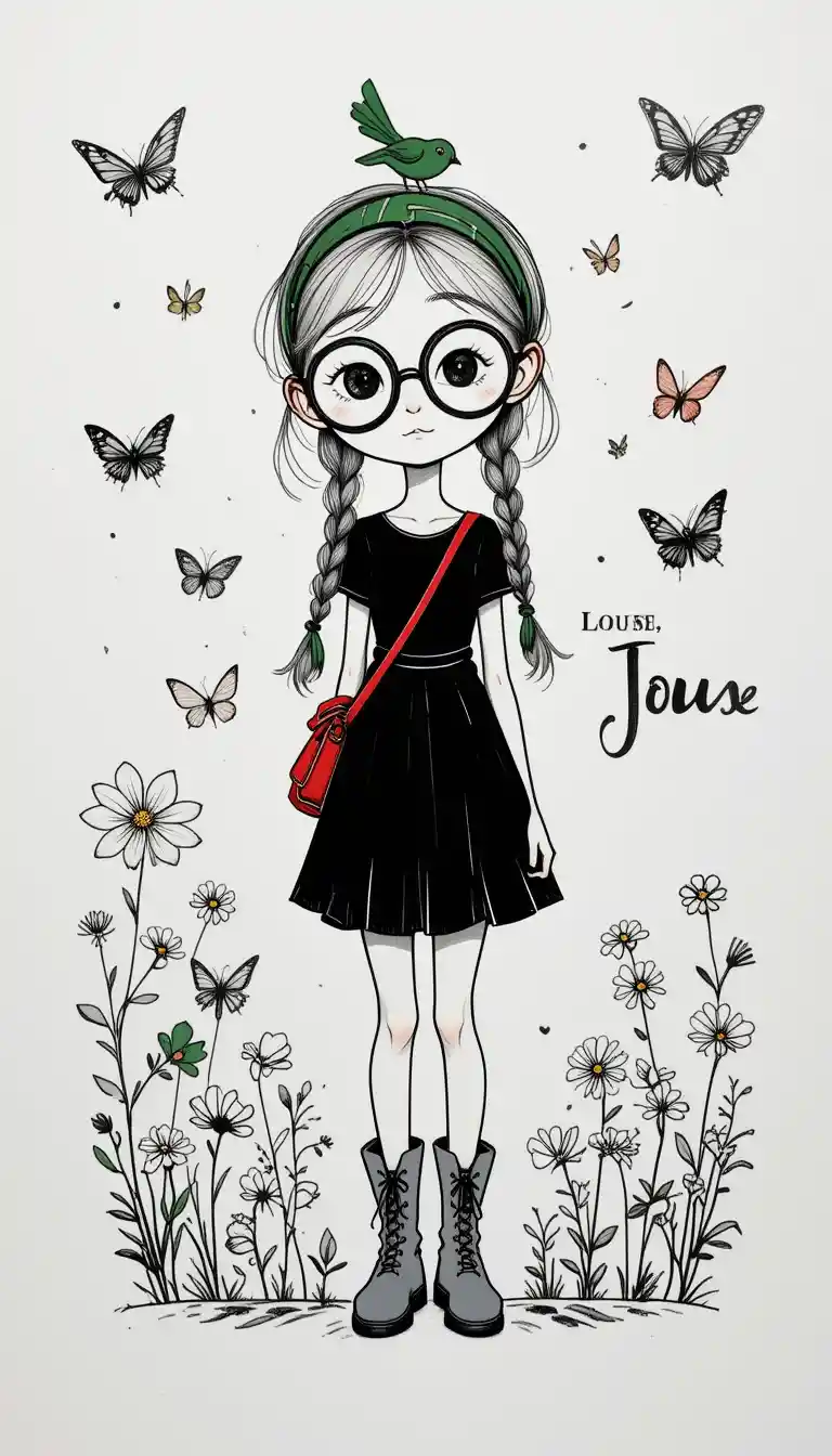 Whimsical doodle girl with braids and tiny bird