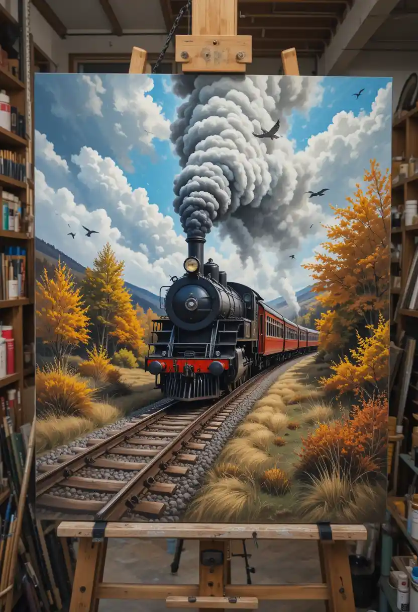 Vintage steam train painting emerging from canvas in studio