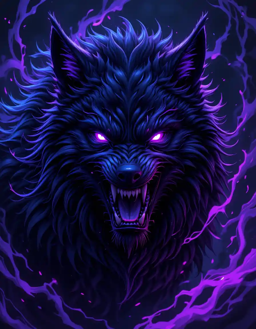 Snarling Black Wolf With Glowing Purple In Dark Fantasy Night