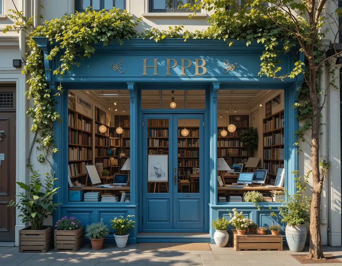 Elegant blue architectural studio storefront on sunlit street