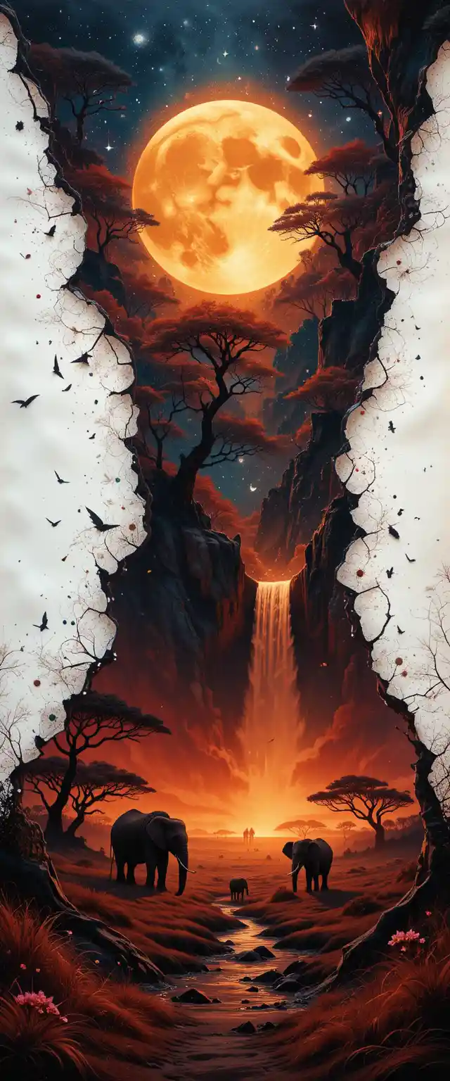 Red savannah landscape with elephants and giant golden moon